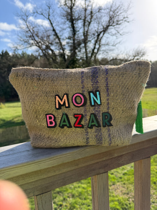 Pochette femme - "Mon bazar"- toile de jute - pièce unique