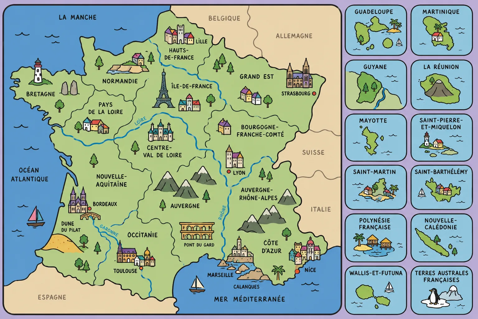 Carte du rayonnement MissPom' : la France métropolitaine et les Outre-mer, avec les endroits où sont parties les pièces.