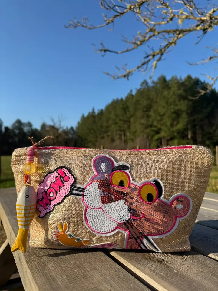 Pochette MissPom' ornée de deux oiseaux pop et de fleurs