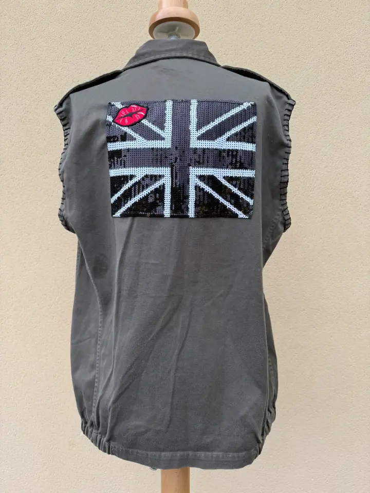 Gilet long gris MissPom' avec motif graphique au dos