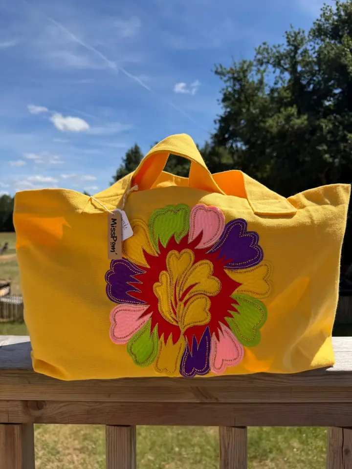 Cabas jaune MissPom' avec grande fleur orange et rouge