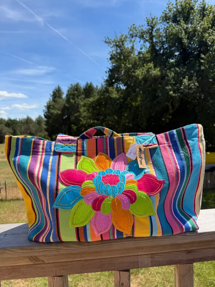 Cabas rayé multicolore MissPom' décoré de fleurs