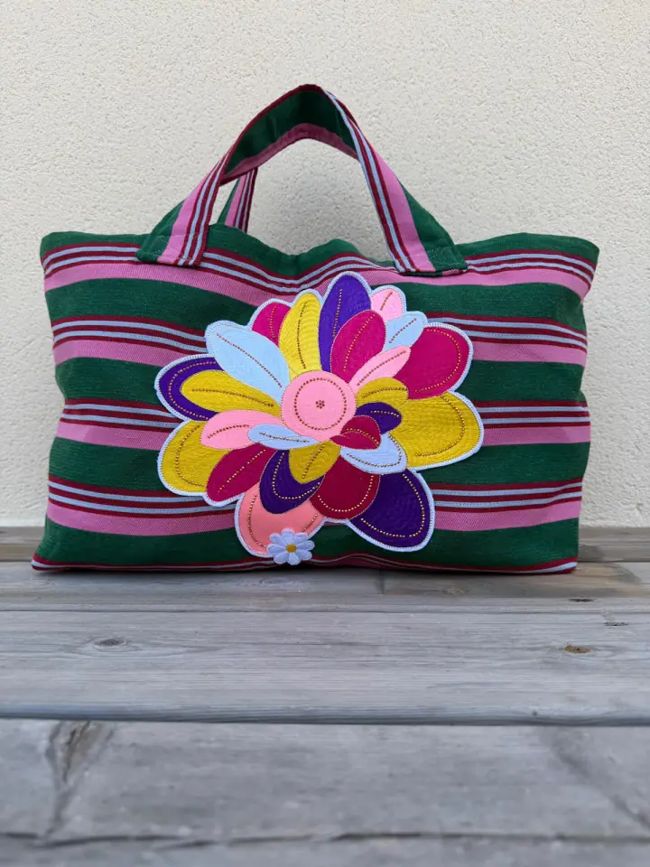 Cabas noir et vert MissPom' avec grande fleur rose