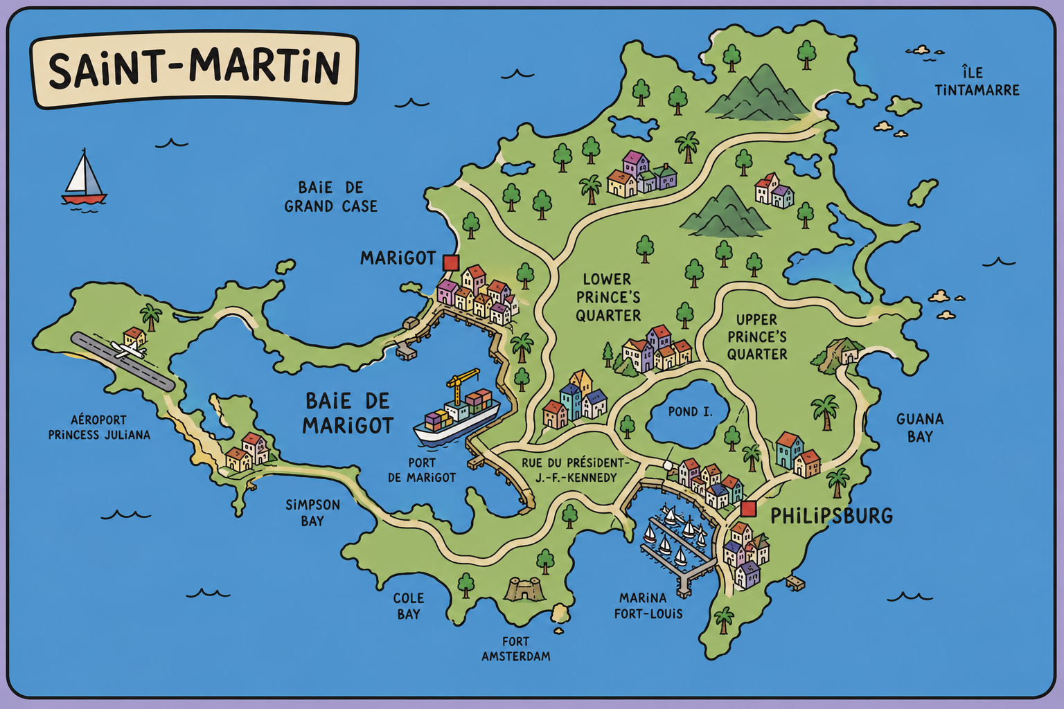 Carte de Saint-Martin situant Marigot