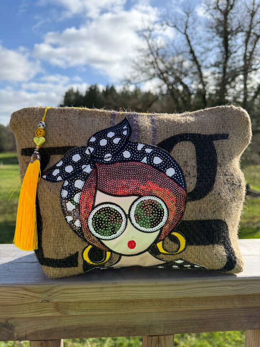 Pochette  femme - "Au Soleil" - toile de jute - pièce unique