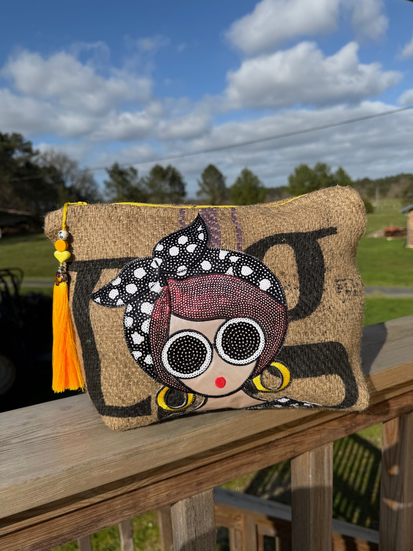 Pochette  femme - "Au Soleil" - toile de jute - pièce unique