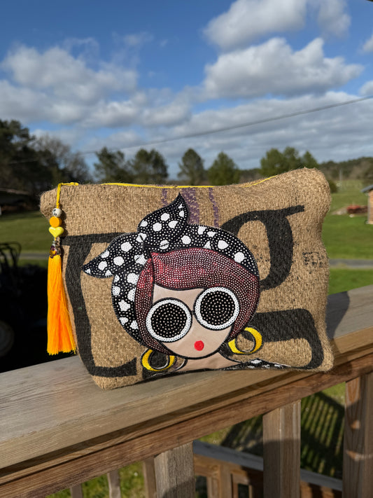 Pochette  femme - "Au Soleil" - toile de jute - pièce unique