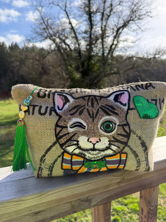 Pochette femme - "Miaouuu" - toile de jute - pièce unique