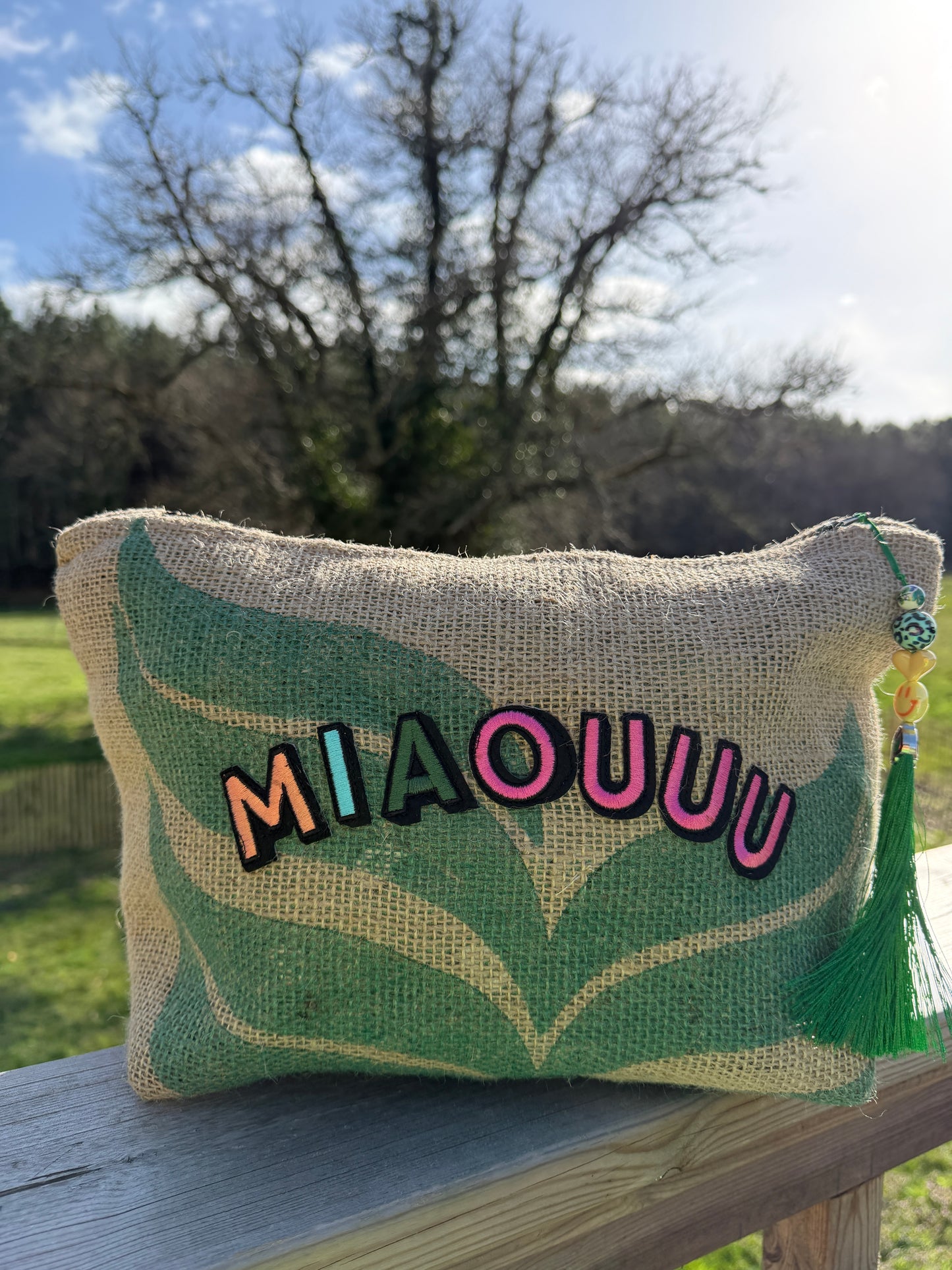 Pochette femme - "Miaouuu" - toile de jute - pièce unique