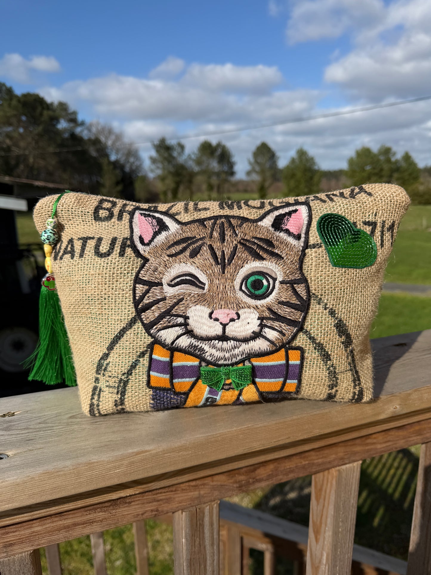 Pochette femme - "Miaouuu" - toile de jute - pièce unique