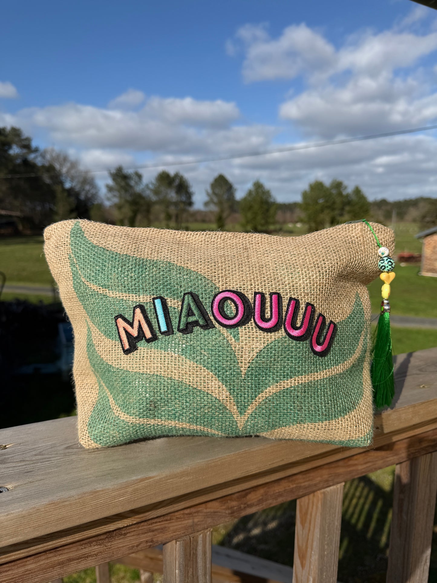 Pochette femme - "Miaouuu" - toile de jute - pièce unique