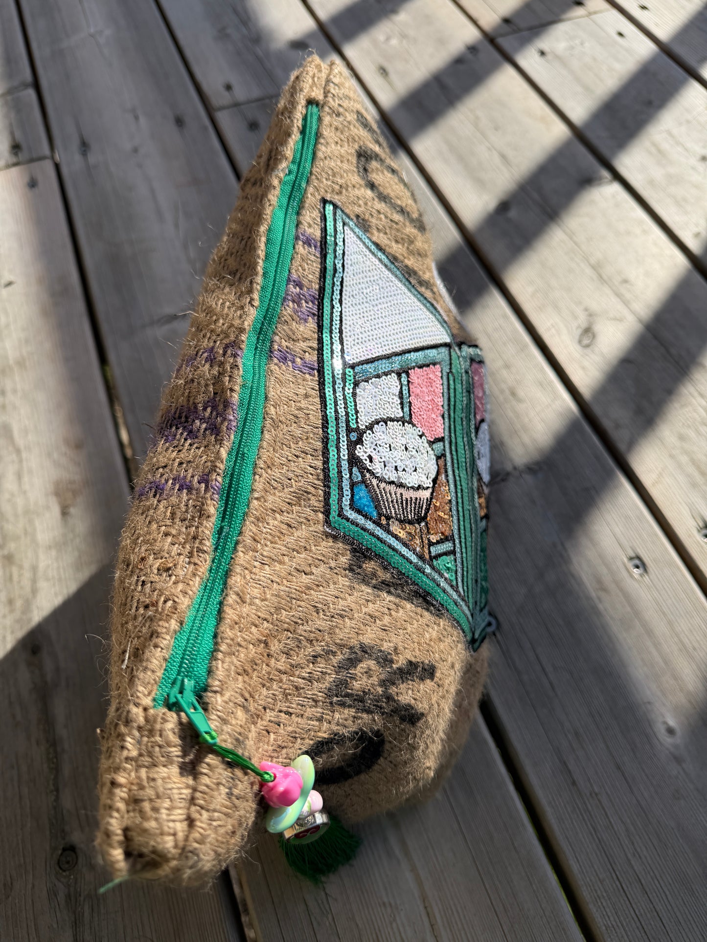Pochette femme - "Mon bazar"- toile de jute - pièce unique