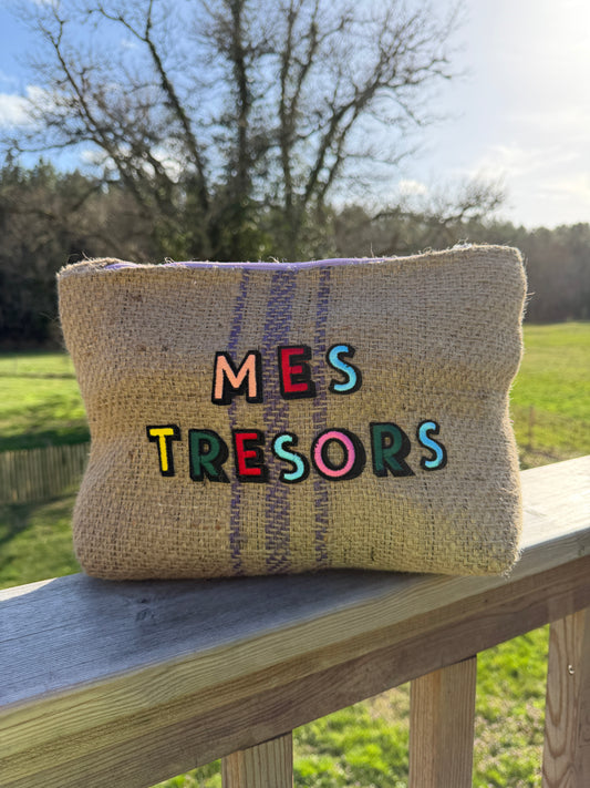 Pochette femme  - "Mes trésors" - toile de jute - pièce unique