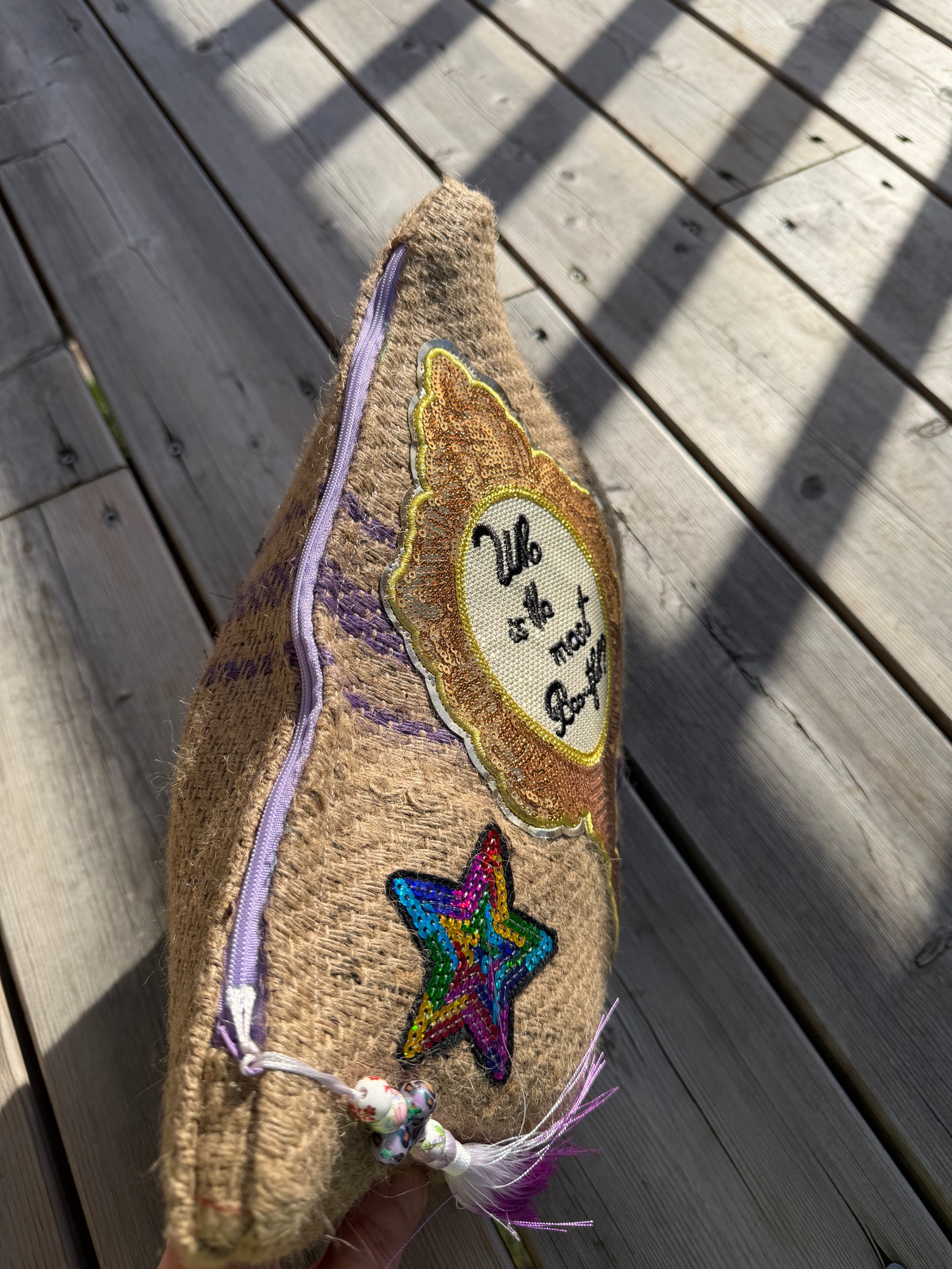 Pochette femme  - "Mes trésors" - toile de jute - pièce unique