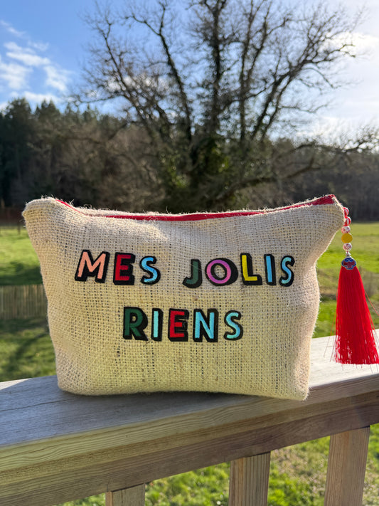 Pochette femme  - "Mes jolis riens" - toile de jute - pièce unique