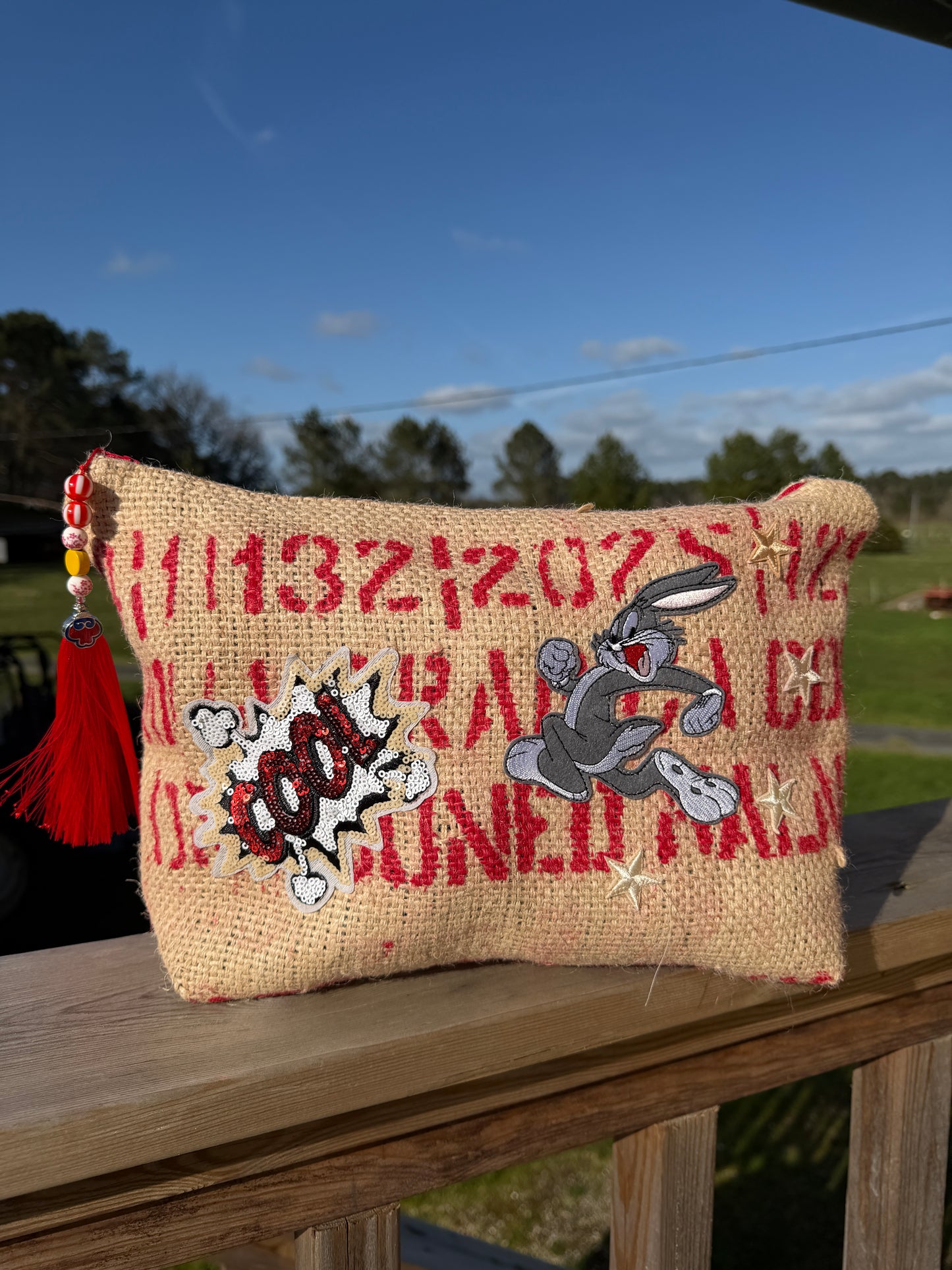 Pochette femme  - "Mes jolis riens" - toile de jute - pièce unique