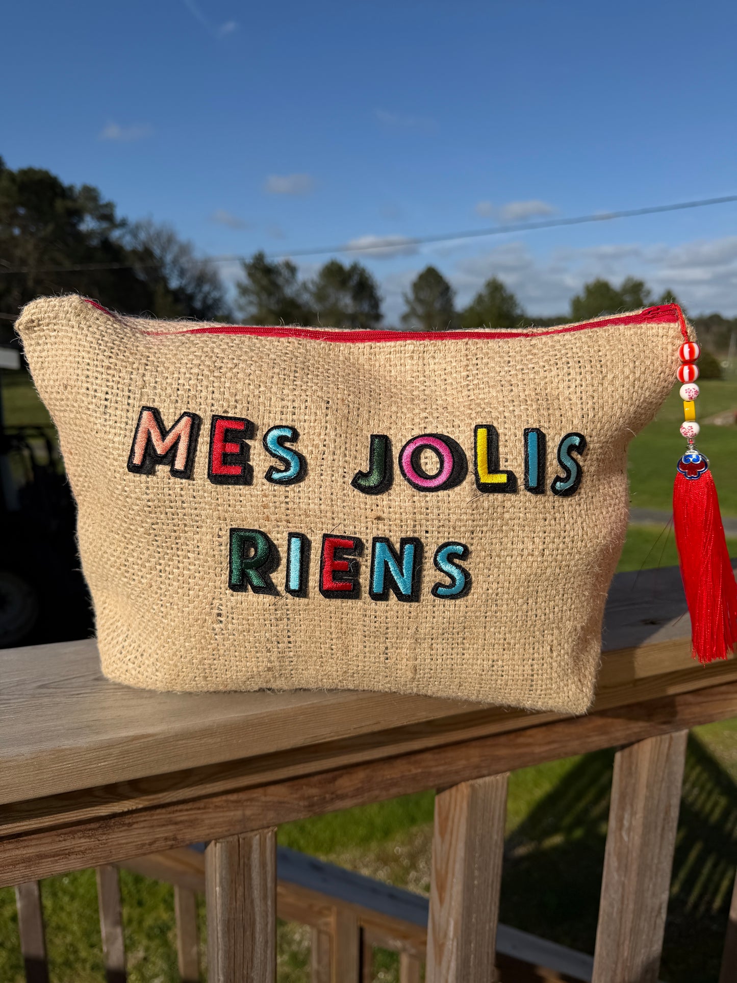 Pochette femme  - "Mes jolis riens" - toile de jute - pièce unique