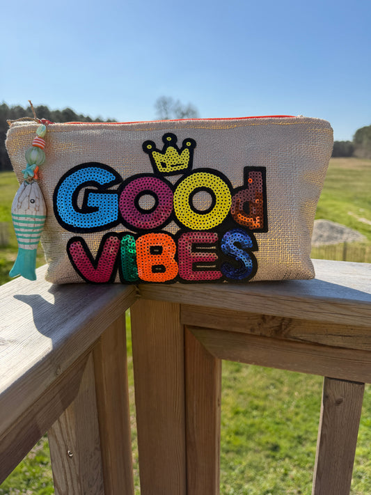Pochette femme -"Good Vibes" - tissu lamé - pièce unique